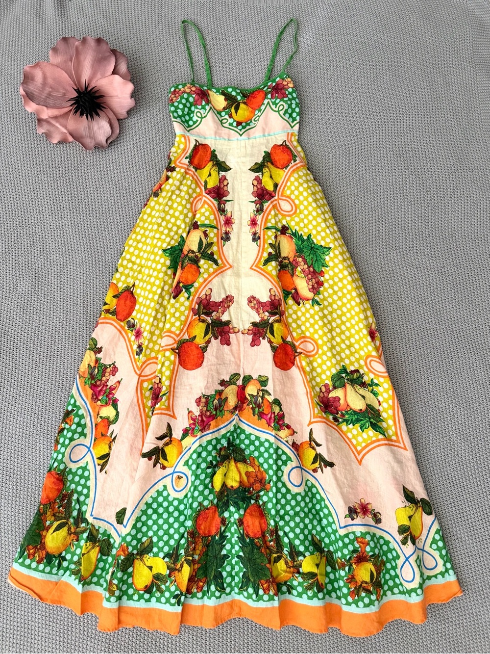 ALEMAIS Lemonis Midi Sundress Linen Floral Citrus Summer maxi party Dress US 2